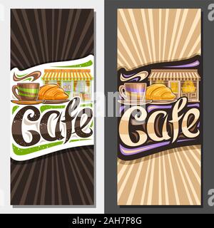 Les modèles vectoriels pour Street Cafe, pièce décorative pour la promotion avec illustration de tasse à café et croissant, lettrage original pour word cafe, sign Illustration de Vecteur