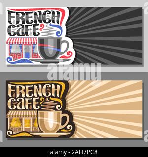 Les modèles vectoriels pour café français avec copie espace décoratif, des circulaires de promo avec tasse à café, de caractères d'origine des mots français cafe, panneau pour s Illustration de Vecteur