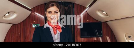 Vue panoramique tourné de bord souriant en uniforme en avion privé Banque D'Images