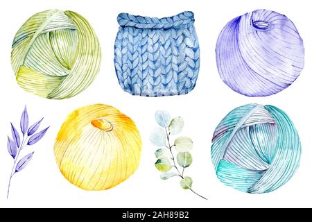 Jeu de boules de fil à tricoter avec les plantes à fleurs. L'aquarelle à la main vintage illustration - l'ensemble de knitting isolé sur fond blanc. La laine, les aiguilles, Banque D'Images