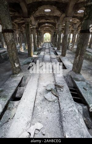 Vue symétrique à grand angle des intérieurs d'une ancienne usine de béton abandonnée Banque D'Images