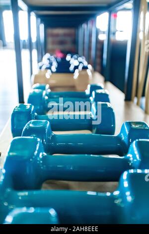 Light blue dumbbells se trouvent sur l'étagère de la salle de remise en forme Banque D'Images