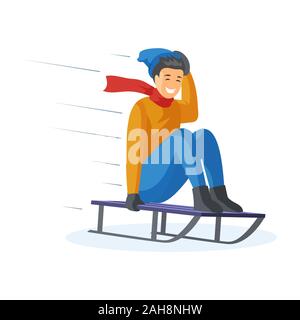 Happy boy traîneaux télévision vector illustration. Équitation pour enfants adolescents sur traîneau, ski de glissement, de s'amuser en plein air en hiver. Smiling adolescent de la luge personnage isolé sur fond blanc Illustration de Vecteur