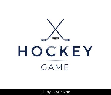 Match de hockey logo design vector modèle. Logotype typographique idée avec traversé bâton de hockey et puck isolé sur fond blanc. Tournoi de sport, club, symbole minime championnat Illustration de Vecteur