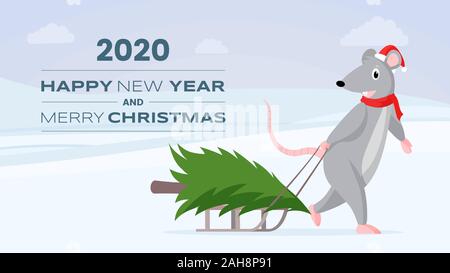 Joyeux Noël carte de voeux modèle vectoriel. Rat adorable traîneau tirant avec sapin, la préparation pour la nouvelle année. Fête de Noël version bannière, mise en page créative poster horizontal Illustration de Vecteur