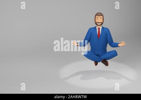 Personnage, businessman sitting in lotus position. Businessman en costume avec un sourire sur son visage. Avec un chiffre d'affaires graphique. Le rendu 3D Banque D'Images