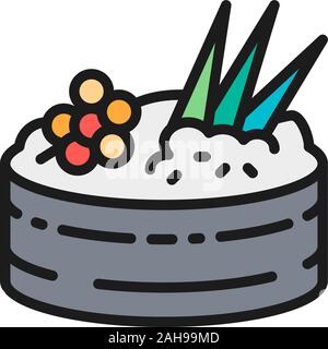 Gunkan avec caviar de saumon, télévision cuisine japonaise l'icône de la ligne de couleur. Illustration de Vecteur