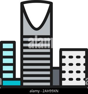 Al-Mamlyak Burj, Kingdom Centre, l'icône de la ligne de gratte-ciel couleur plate. Illustration de Vecteur