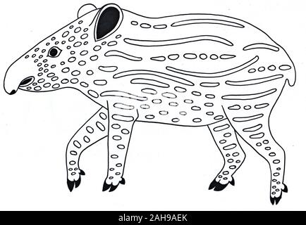 Tapir. Porc avec un tronc à partir de la jungle. Spirit of Animal. Illustration noir et blanc. Avec les modèles Silhouette Banque D'Images