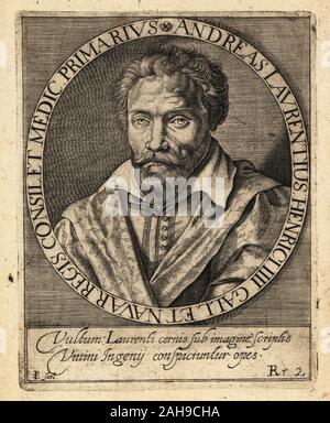 André du Laurens, médecin français du roi Henri IV, 1558-1609. Andreas Lavrentius, Henrici IIII Gall et Navar Regis Consilet Medicus Primarius. La gravure sur cuivre de Johann Theodore de Bry de la Bibliotheca chalcographica Jean-Jacques Boissard, Johann Ammonius, Francfort, 1650. Banque D'Images