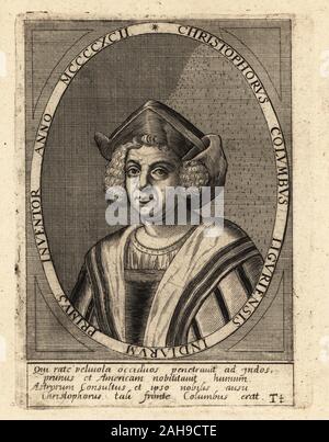 Christophe Colomb, l'explorateur et colonisateur italien, 1451-1506. Christopherus Columbus Liguriensis Indiarum Inventeur Primus. MCCCCXCII Anno La gravure sur cuivre de Johann Theodore de Bry de la Bibliotheca chalcographica Jean-Jacques Boissard, Johann Ammonius, Francfort, 1650. Banque D'Images