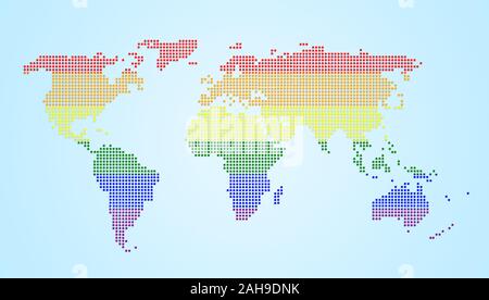 Carte du monde en pointillés avec le mouvement LGBT couleurs du drapeau arc-en-ciel sur fond bleu clair. Concept illustration haute résolution. Banque D'Images
