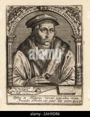 Juan Luis Vives, humaniste espagnol de l'éducation et théoricien, 1493-1540. Joannes Ludocivus Vives philosophus. La gravure sur cuivre de Johann Theodore de Bry de la Bibliotheca chalcographica Jean-Jacques Boissard, Johann Ammonius, Francfort, 1650. Banque D'Images