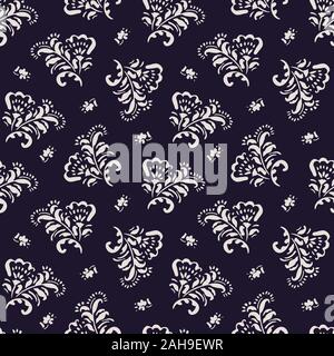 Hand-Drawn Classic Blanc à petite échelle vecteur Floral Motif Chintz transparente sur fond sombre. Fleurs Fond Monochrome folklorique Illustration de Vecteur