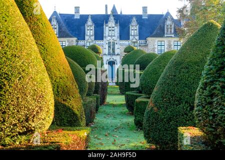 La France, dans le Maine et Loire, Champtoce sur Loire, Château du Pin, des ifs jardins coupés en chemin, topiaire et façade du château // France, Maine-et-Loire (49), champ Banque D'Images