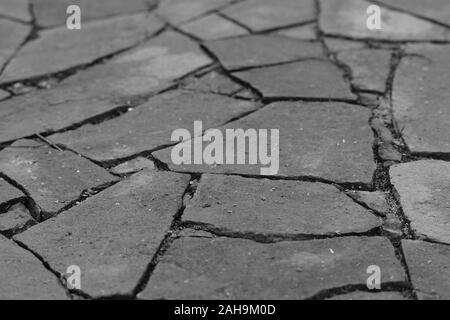 Le chemin pavé de pierres de pavage sauvages de différentes formes, photo en noir et blanc. Banque D'Images