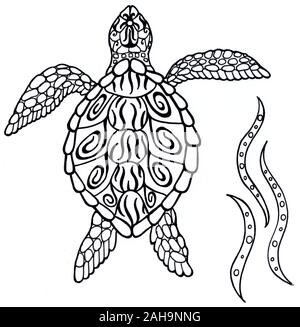 Tortue de mer. Spirit of Animal. Illustration noir et blanc. Avec les modèles Silhouette Banque D'Images