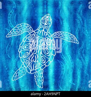 Tortue de mer. Spirit of Animal. L'usine de l'eau. Fond bleu texture Banque D'Images