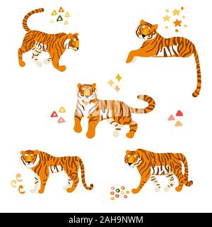 Les tigres. Jeu de vector hand drawn télévision illustrations d'animaux. Cartoon prédateur. Les chats sauvages. Illustration de Vecteur