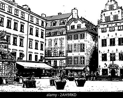 Stortorget, Stockholm vieille place. Croquis dessinés à la main, Illustration de Vecteur