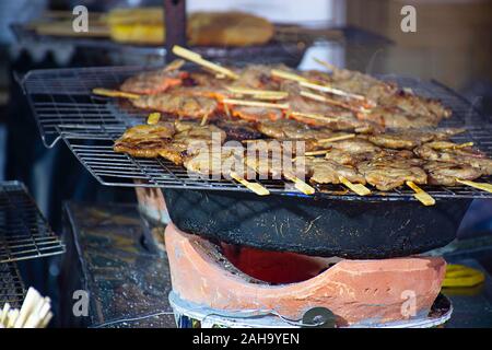 Porc mariné grillé avec la sauce et les petites brochettes sur la grille en acier avec la chaleur. Banque D'Images