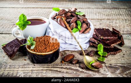 Différentes conditions de cacao. Divers - fèves de cacao, fèves, masse, écrasé de la poudre de cacao, pâte de chocolat, morceaux de chocolat et le chocolat chaud dans une cu Banque D'Images