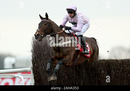 Citoyen du monde, montée par le jockey David Bass dans le Ladbrokes Cont Wayward Novices' Chase pendant deux jours de la fête d'hiver à l'Hippodrome de Kempton Park. Banque D'Images