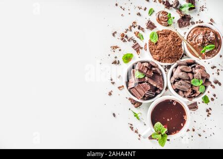 Différentes conditions de cacao. Divers - fèves de cacao, fèves, masse, écrasé de la poudre de cacao, pâte de chocolat, morceaux de chocolat et le chocolat chaud dans une cu Banque D'Images