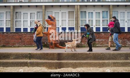 Poole, UK. 27 Dec 2019. Un dinosaure se joint à l'après Noël les marcheurs le long de la mer à la plage de Sandbanks à Poole, Dorset : Richard Crease/Alamy Live News Banque D'Images