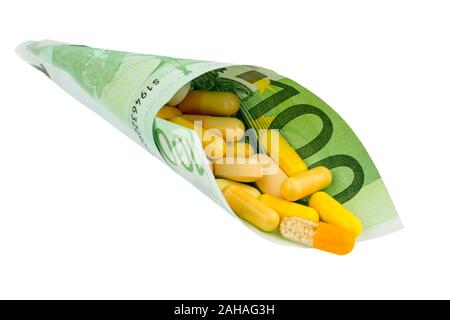 Verschiedene Tabletten, Kosten, Geld, Euro, Krankenhasse,, Medizin, comprimés, 100, Euro-Banknote Banque D'Images