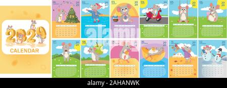 Calendrier mensuel 2020 créatif avec des rats ou des souris. Symbole de l'année dans le calendrier chinois. Illustration de Vecteur