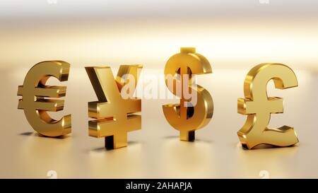 Signes d'or devise. Symboles du dollar Euro Yen livre rendu 3D illustration Banque D'Images