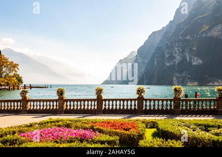 Promenade du lac Garda avec parterres colorés avec la croissance et la floraison des plantes, clôture en pierre classique construit sur le bord de pots de fleurs de fl Banque D'Images