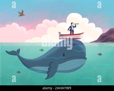 L'homme avec son bateau, c'est la voile la mer au sommet d'un mignon petit rorqual bleu. Illustration numérique. Banque D'Images