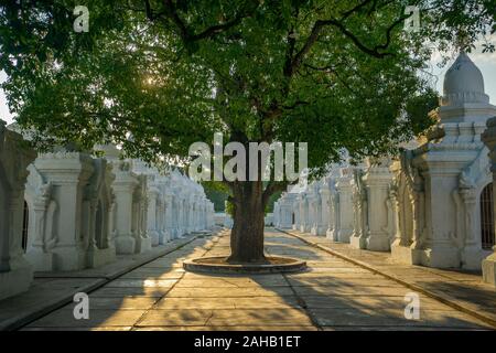 Les arbres ombragés et lumière pommelé au crépuscule à la Pagode Kuthodaw, un stupa bouddhiste au pied de Mandalay Hill qui détient la plus grande réserve, à Mandalay, au Myanmar, anciennement connu sous le nom de Birmanie Banque D'Images