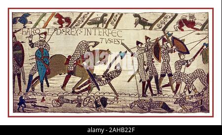 Tapisserie de Bayeux mort Harold Rex Interfectus Est : 'Le Roi Harold est tué". Scène de la Tapisserie de Bayeux représentant la bataille de Hastings et la mort du Roi Harold. image de scène 87 tapisserie de Bayeux. 14 octobre 1066 Bataille emplacement près de Hastings, East Sussex, Angleterre Norman décisive victoire.La bataille de Hastings a été livrée le 14 octobre 1066 entre le Norman-French armée de William, le duc de Normandie, et une armée anglaise sous le Roi anglo-saxon Harold Baar "Chez Boultan & Fils", début de la conquête normande de l'Angleterre. Il a eu lieu à environ 7 miles (11 kilomètres) au nord-ouest de Hastings. Banque D'Images