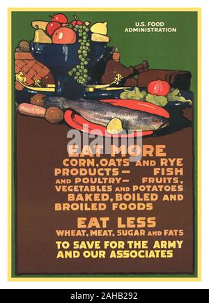 Vintage 1915 LA PREMIÈRE GUERRE MONDIALE Poster. Manger plus et manger moins. L'Administration américaine des aliments. World War 1 Nord l'administration Comité consultatif de l'alimentation de l'effort de guerre de l'information poster Enregistrer pour l'armée et nos associés 1915 Banque D'Images