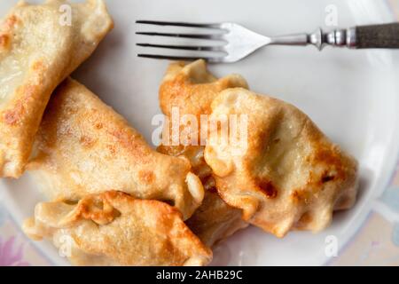 Poêlée de quenelles et fourchette sur une assiette. Raviolis faits maison. Des spécialités polonaises. La cuisine de l'Europe de l'Est. Banque D'Images