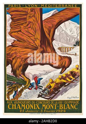 JEUX OLYMPIQUES D'HIVER FRANCE 1924 affiche vintage 1920 CHAMONIX MONT-BLANC Snow run bobsleigh sports d'hiver VIII OLYMPIADE 1924 par Auguste Matisse lithographie en couleurs, 1924, imprimée par Cornille & serre, Paris, France les Jeux olympiques d'hiver de 1924, officiellement connus sous le nom de I Jeux olympiques d'hiver les Iers Jeux olympiques d'hiver), était un événement hivernal multisports qui s'est tenu en 1924 à Chamonix, en France. Banque D'Images