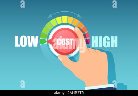 Vecteur d'un homme d'affaires part en tournant la molette de coût une position basse, réduisant les dépenses Illustration de Vecteur