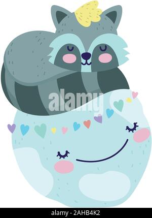 Douche de bébé raton laveur mignon dormir sur monde coeurs amour cartoon vector illustration Illustration de Vecteur