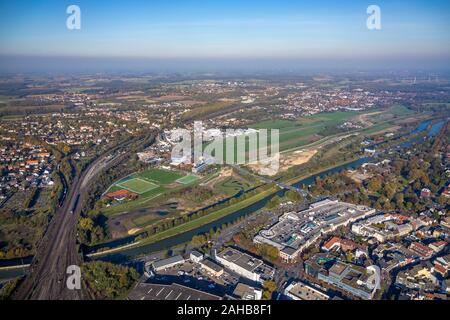 Photo aérienne, Lippe, conversion, canal Datteln-Hamm Hamm sur l'eau, à proximité de l'aérodrome de Hamm-Lippewiesen, Hamm, Ruhr, Rhénanie du Nord-Westphalie, Allemand Banque D'Images