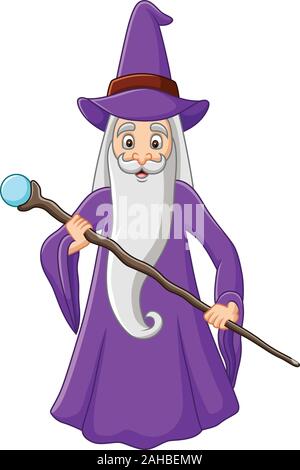 Caricature vieux sorcier holding magic stick Illustration de Vecteur