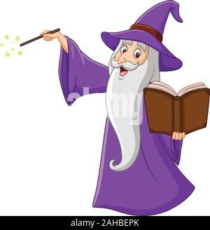 Caricature vieux sorcier tenant un livre de magie Illustration de Vecteur