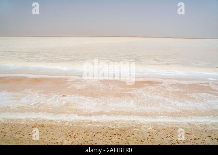 Le lit plat et sec exposé du lac de sel de Chott el Djerid près de la ville de Tozeur dans le désert du Sahara de Tunisie méridionale, Afrique du Nord. Banque D'Images