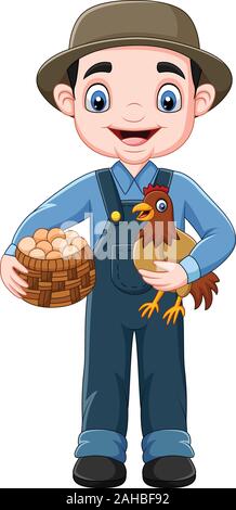 Cartoon farmer holding chicken et un panier d'œufs Illustration de Vecteur