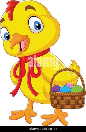 Cartoon baby chick tenant un panier d'oeufs de Pâques Illustration de Vecteur