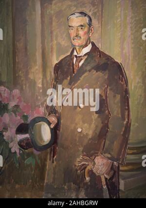 Arthur Neville Chamberlain (1869-1940). Primer Ministro del Reino Unido (1937-1940). Retrato realizado por Henry Lamb (1883-1960). Oleo sobre lienzo, h. 1939. National Portrait Gallery. Londres. Inglaterra. Banque D'Images