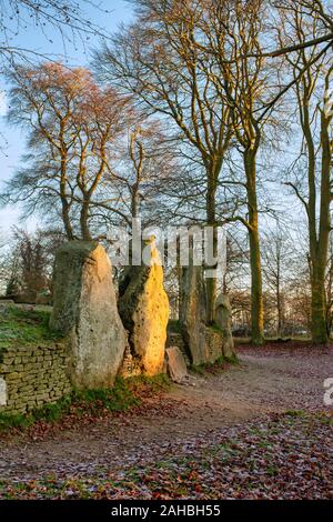 Waylands Smithy. Long barrow néolithique en matin tôt hiver gel au lever du soleil. Ashbury, Oxfordshire. L'Angleterre Banque D'Images