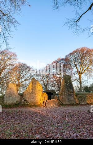 Waylands Smithy. Long barrow néolithique en matin tôt hiver gel au lever du soleil. Ashbury, Oxfordshire. L'Angleterre Banque D'Images